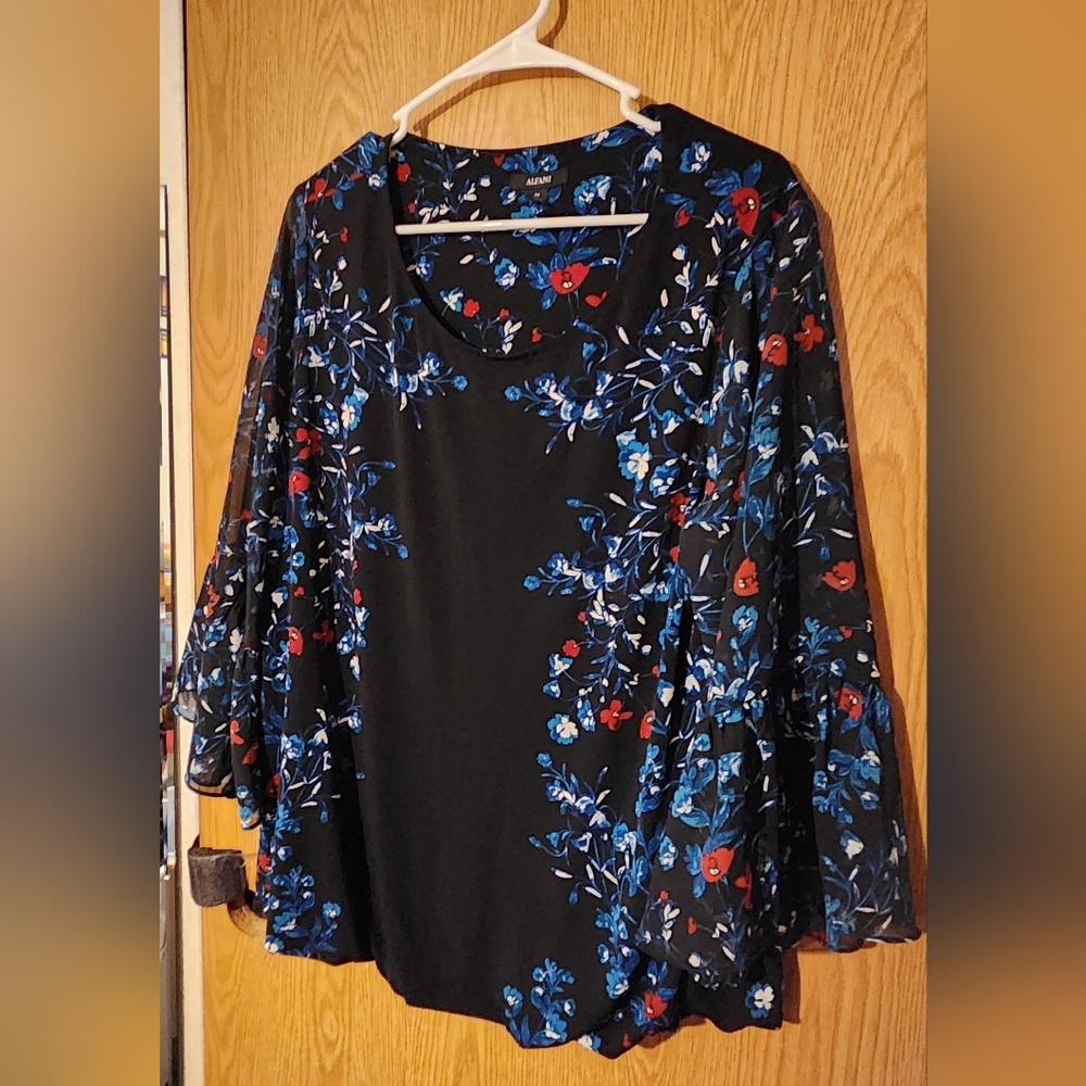 Alfani Black Top with Blue and Red Floral Design